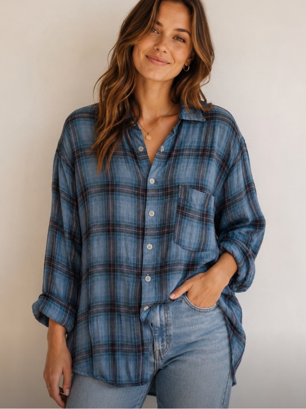 CP Shades Long Sleeve Linen Boyfriend Plaid Oversized Shirt NWOT